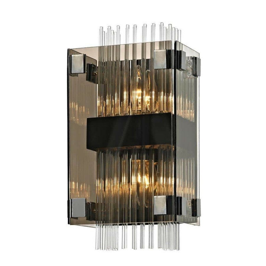 Wall Sconces * | Apollo 2-Light Dark Bronze And Polished Chrome 14 In. W Wall Sconce With Plated Smoked Glass With Clear Glass Rods By Troy Lighting