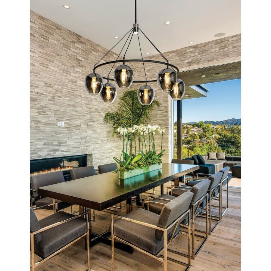 Commercial Lighting * | Iliad 6-Light Carbide Black 40 In. W Pendant With Plated Smoke Glass By Troy Lighting