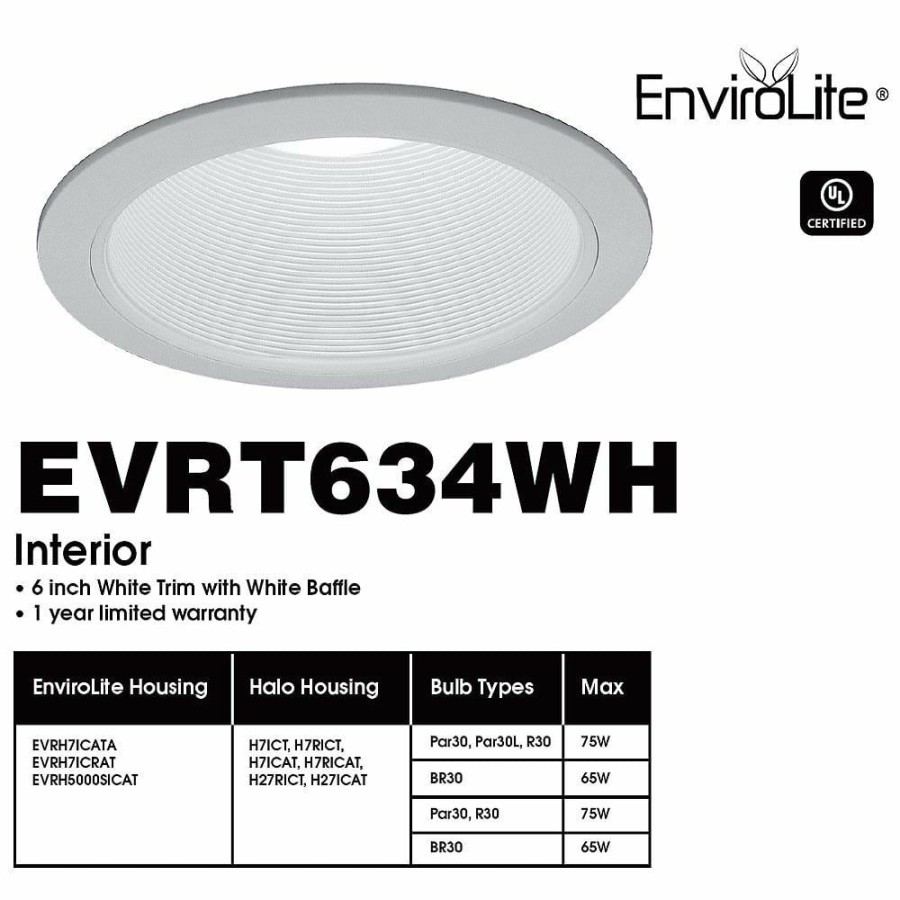 Recessed Lighting * | 6 In. R30 White Recessed Baffle Trim (6-Pack) By Envirolite