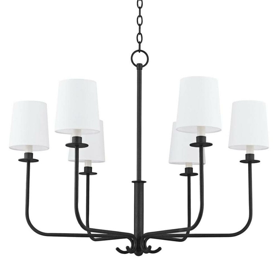 Commercial Lighting * | Bodhi 6-Light Black Chandelier With White Linen Shade By Troy Lighting