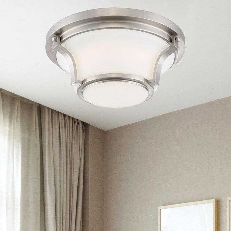 Commercial Lighting * | 12 In. 120-Watt Equivalent Brushed Nickel 3000K Cct Led Ceiling Light Flush Mount With Frosted White Glass Shade By Envirolite