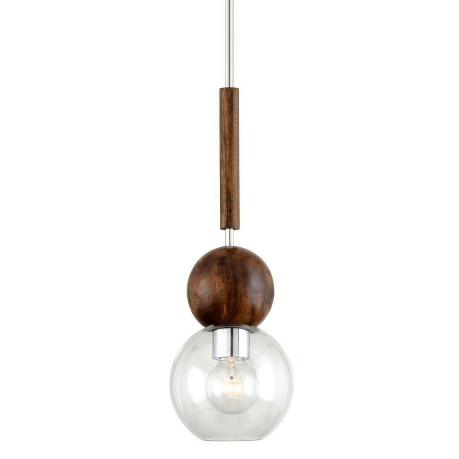 Commercial Lighting * | Arlo 1-Light Polished Stainless Steel And Natural Acacia Pendant By Troy Lighting