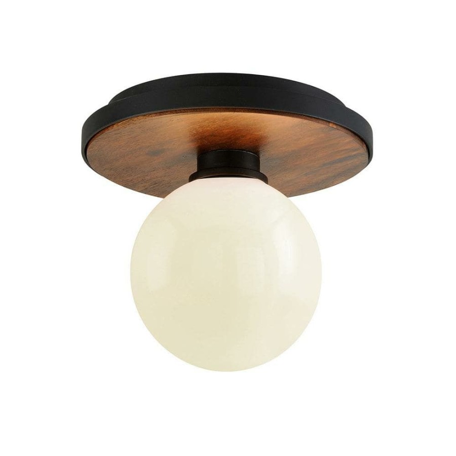 Commercial Lighting * | Cadet 8 In. 1-Light Black And Natural Acacia Flush Mount With White Glass Shade By Troy Lighting