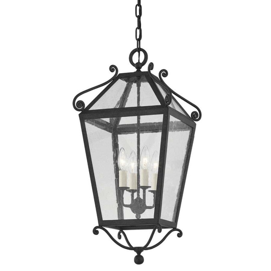 Outdoor Lighting * | Santa Barbara County 4-Light French Iron, Clear Seeded Lantern Outdoor Pendant By Troy Lighting