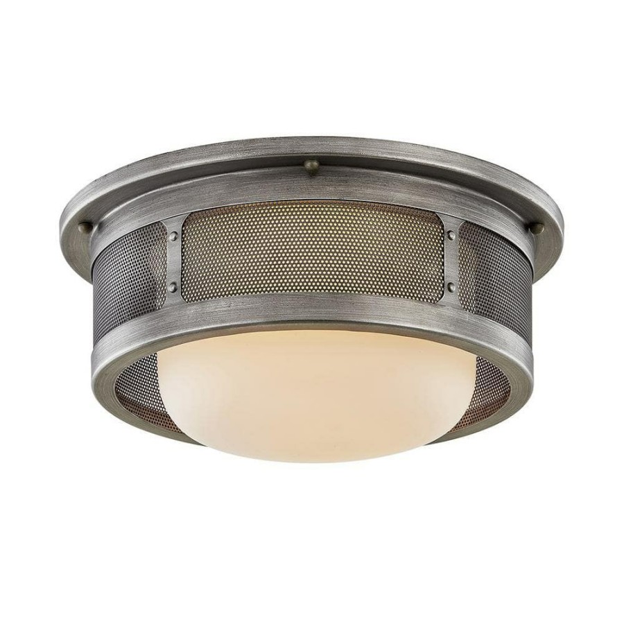 Commercial Lighting * | Bauer 16 In. 1-Light Antique Pewter Flush Mount With Opal White Glass Shade By Troy Lighting