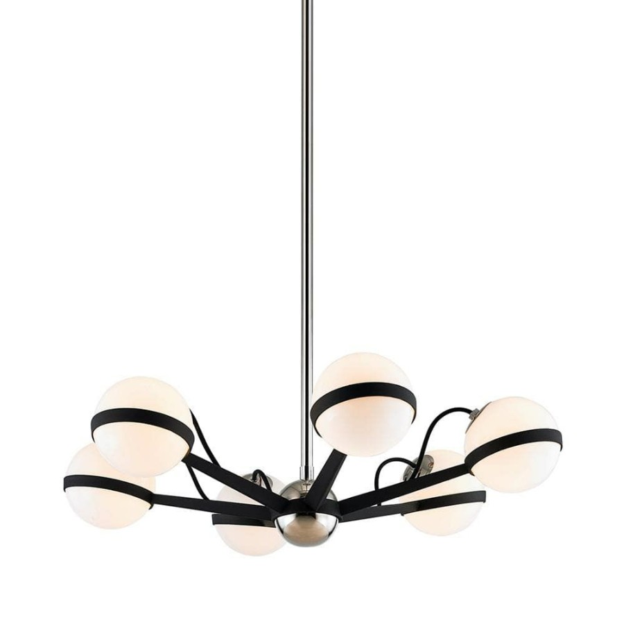 Commercial Lighting * | Ace 6-Light Carbide Black With Polished Nickel Accents Chandelier With Gloss Opal Shade By Troy Lighting