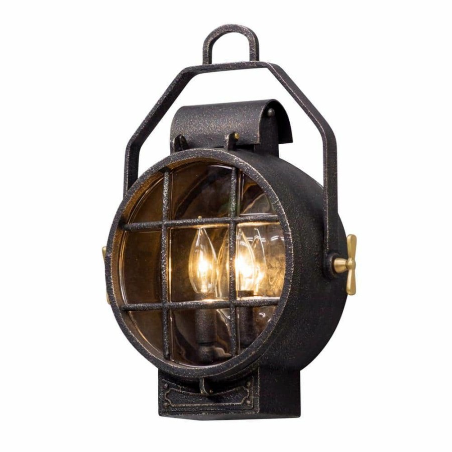 Outdoor Lighting * | Point Lookout 2-Light Aged Silver With Polished Brass Accents Outdoor Wall Lantern Sconce By Troy Lighting