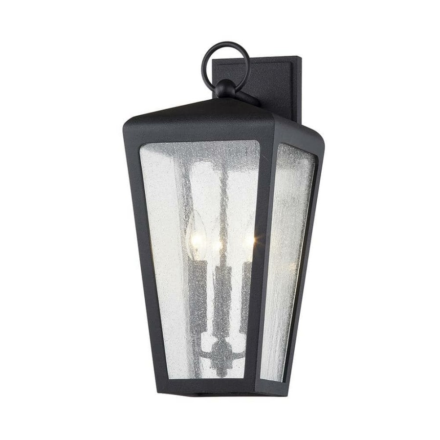 Vanity Lighting * | Mariden 3-Light Textured Black Wall Sconce With Clear Seeded Glass Shade By Troy Lighting