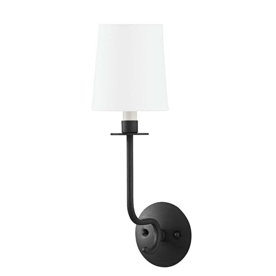 Vanity Lighting * | Bodhi 1 Black Wall Sconce With White Linen Shade By Troy Lighting