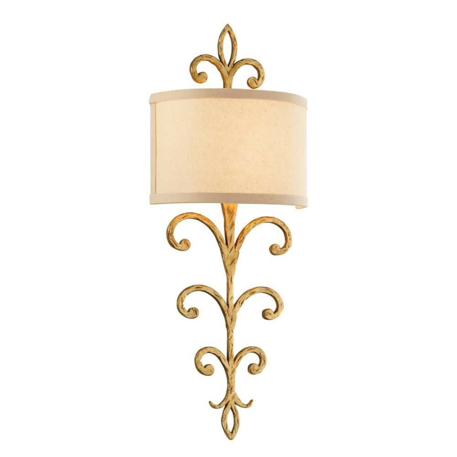 Wall Sconces * | Crawford 2-Light Crawford Gold Wall Sconce With Hardback Linen Shade By Troy Lighting