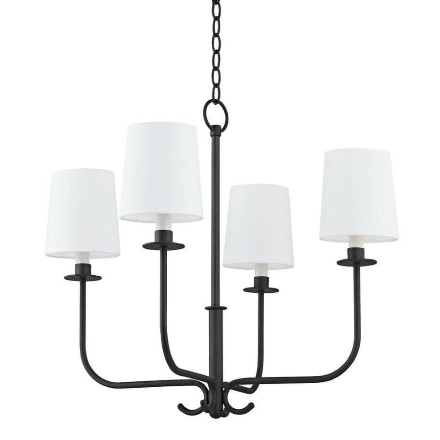 Commercial Lighting * | Bodhi 4-Light Black Chandelier With White Linen Shade By Troy Lighting