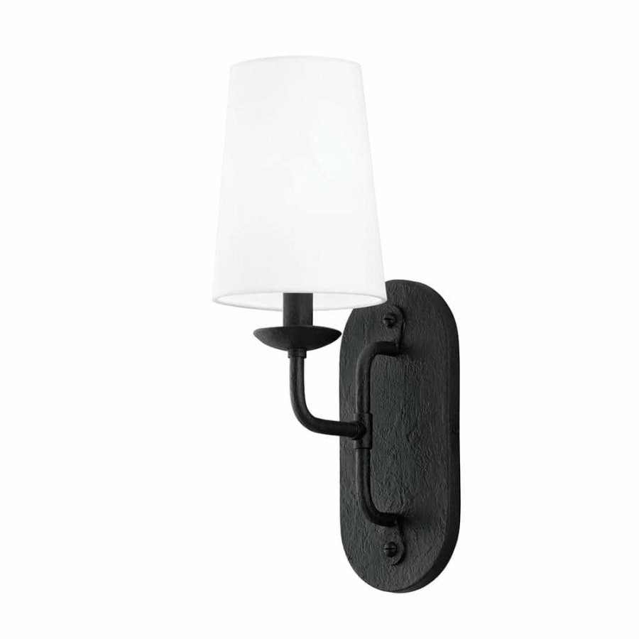 Vanity Lighting * | Moe 1 Black Wall Sconce With White Linen Shade By Troy Lighting