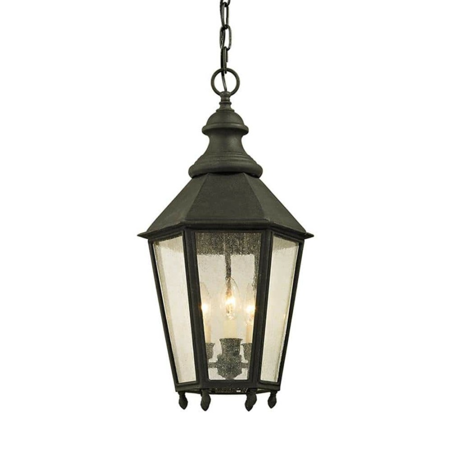 Outdoor Lighting * | Savannah 12 In. W Vintage Iron Outdoor 3-Light Hanging Light With Clear Seeded Glass By Troy Lighting