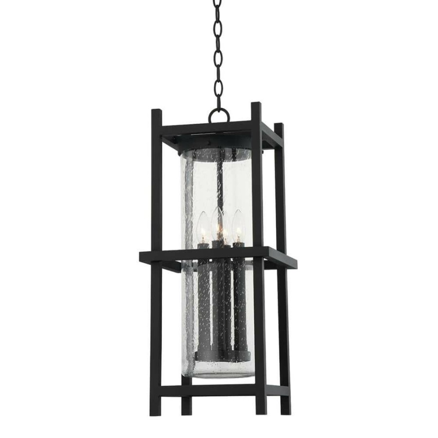 Outdoor Lighting * | Carlo 4-Light Textured Black, Clear Seeded Lantern Outdoor Pendant By Troy Lighting